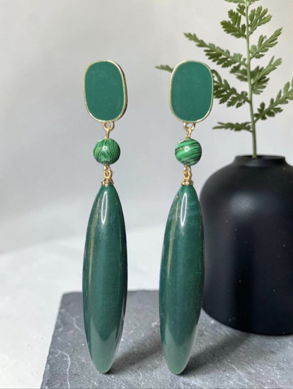 Gold Plated Oversized Long Malachite & Lucite Drop Dangle Earrings - Picture 5 of 5